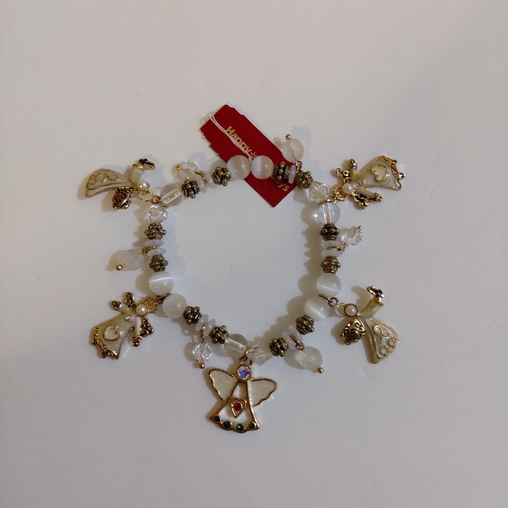 New Gold Tone Angels White Beads Charm Bracelet Holiday
